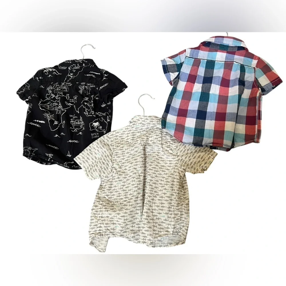 12mo Set of 3 short button t-shirts, romper, long sleeve onesie - plaid & sea